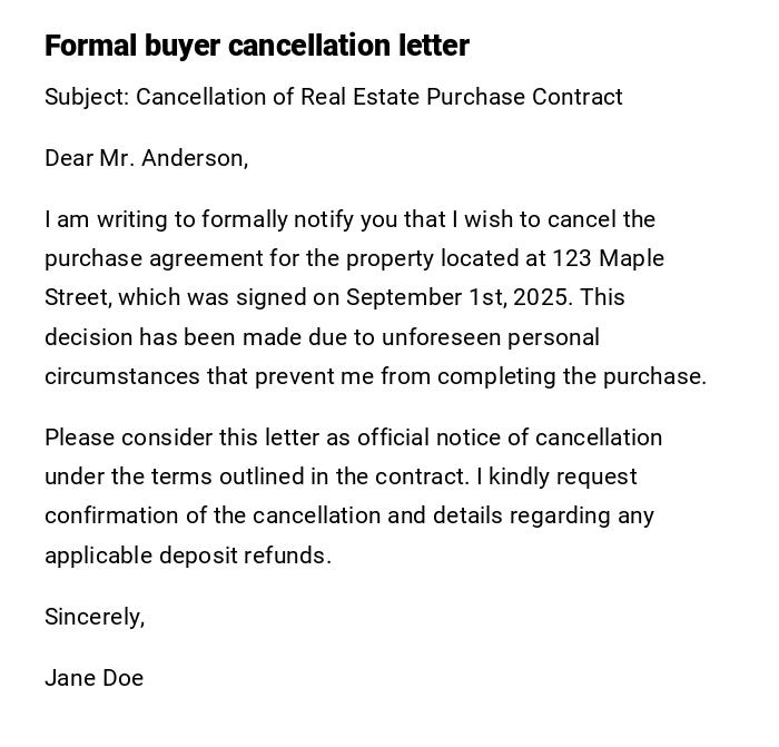 Formal buyer cancellation letter Formal buyer cancellation letter