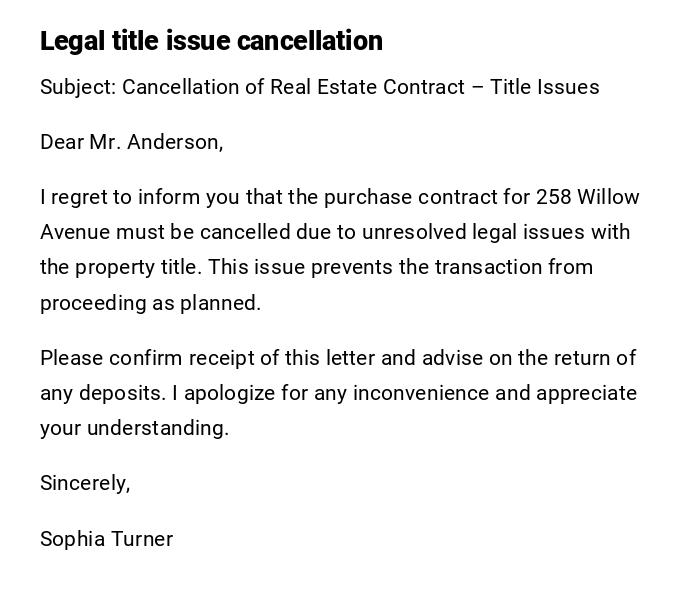 Legal title issue cancellation Legal title issue cancellation