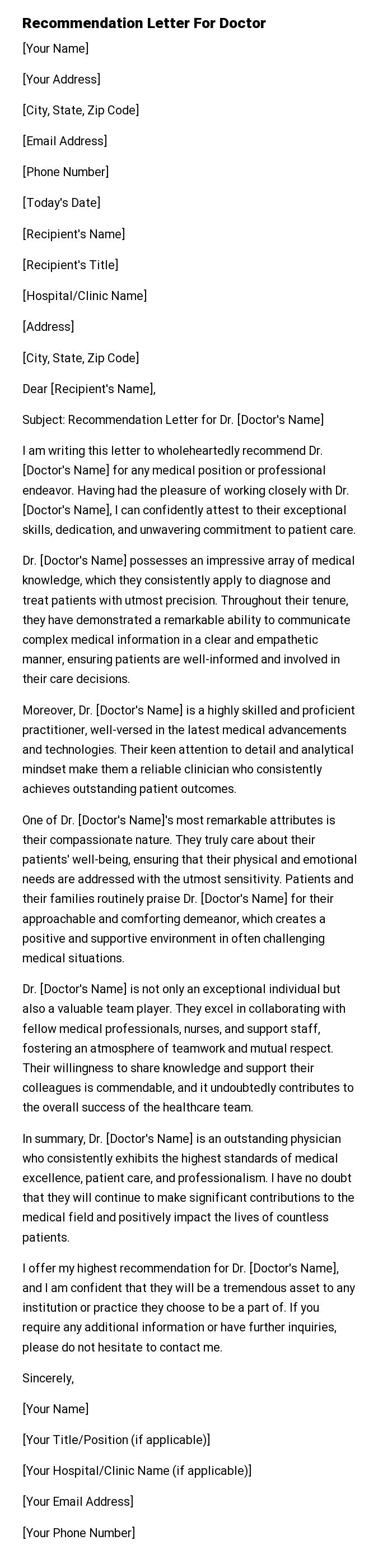 Recommendation Letter For Doctor