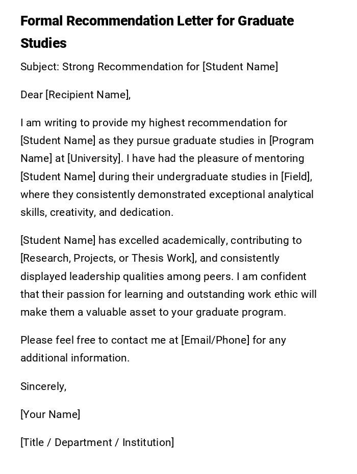 Formal Recommendation Letter for Graduate Studies