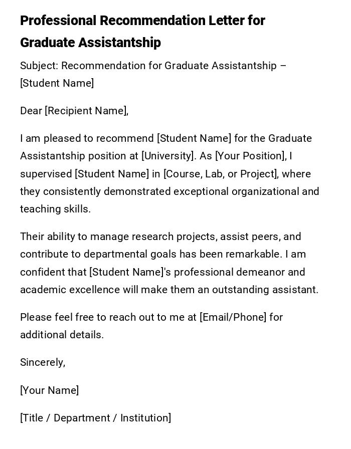 Professional Recommendation Letter for Graduate Assistantship