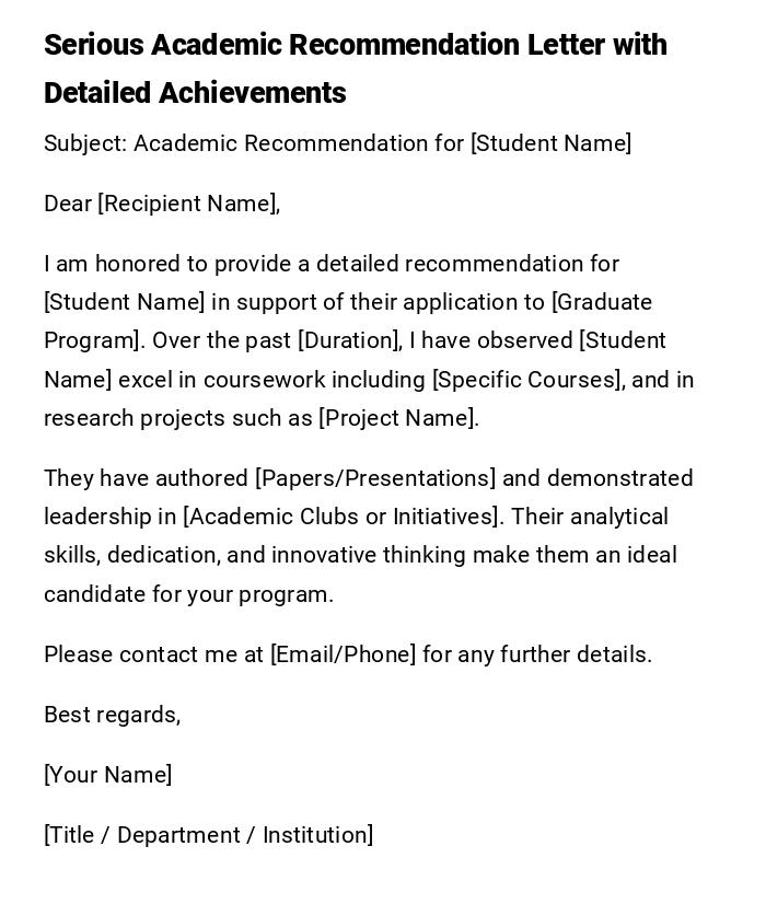 Serious Academic Recommendation Letter with Detailed Achievements