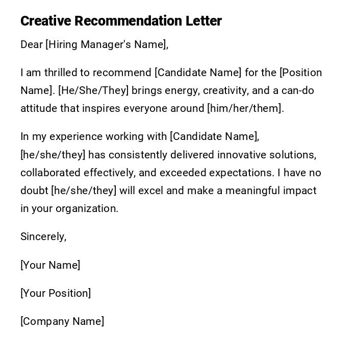 Creative Recommendation Letter Creative Recommendation Letter