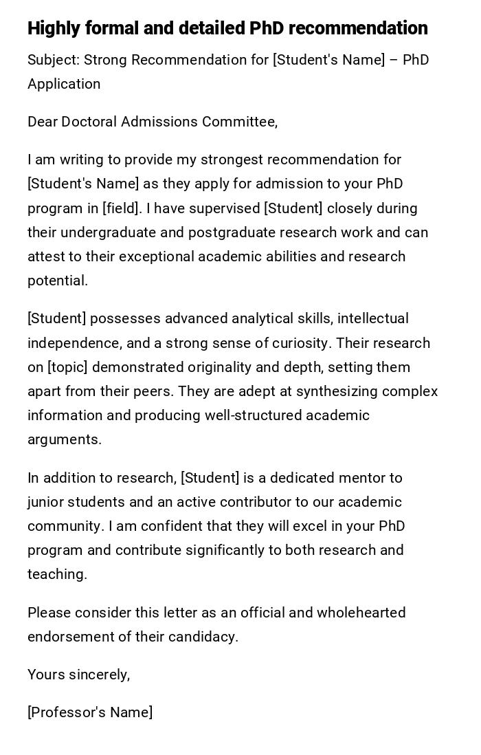 Highly formal and detailed PhD recommendation