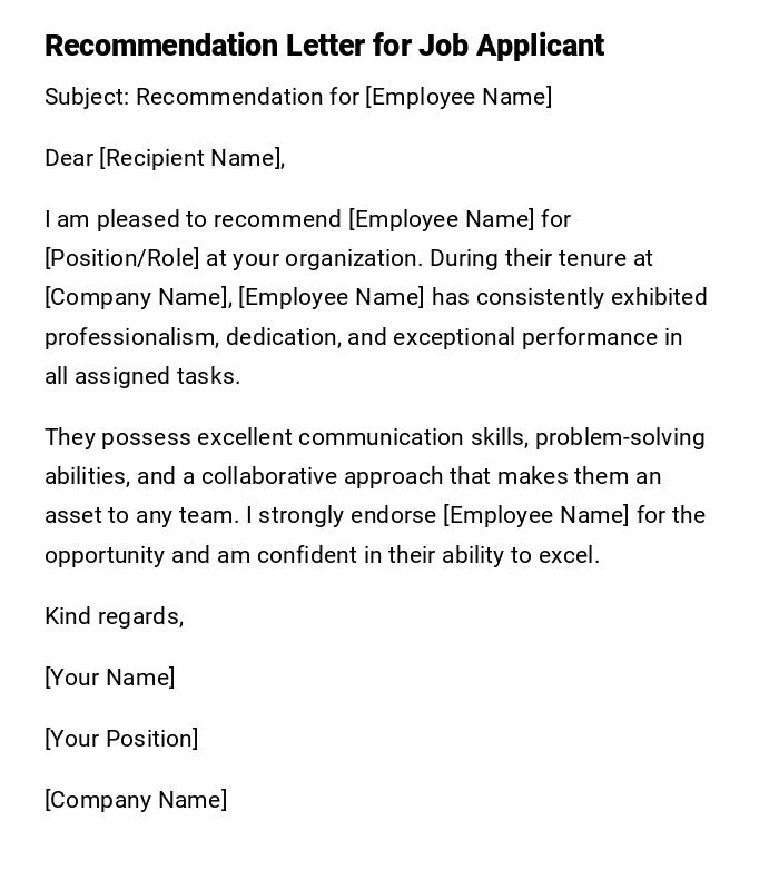 Recommendation Letter for Job Applicant Recommendation Letter for Job Applicant