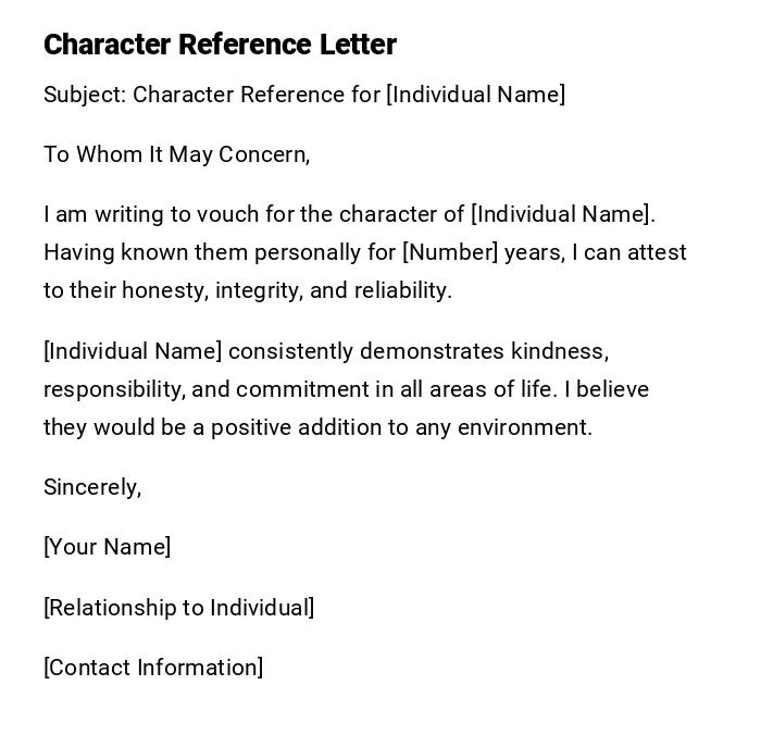 Character Reference Letter Character Reference Letter