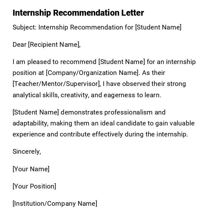 Internship Recommendation Letter Internship Recommendation Letter