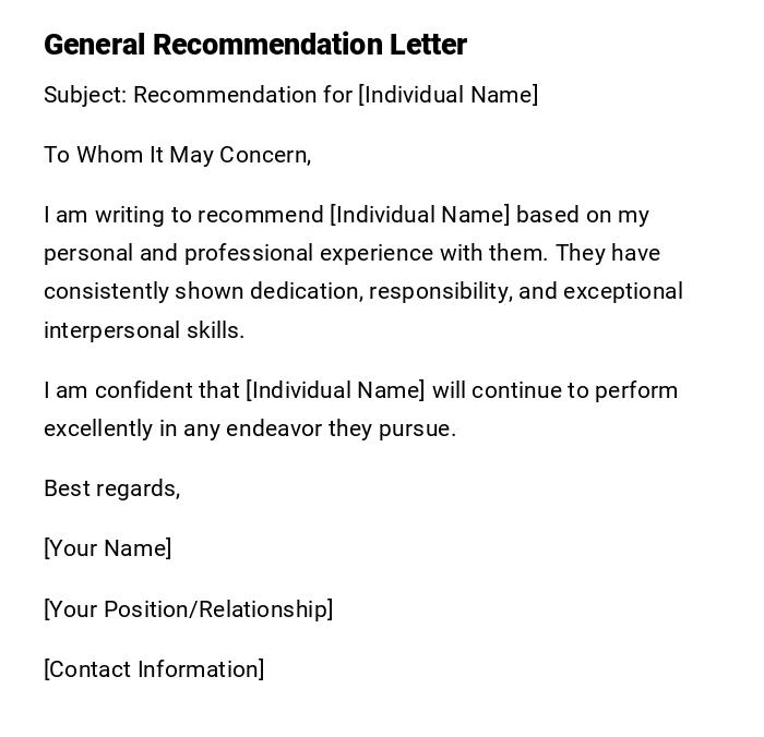 General Recommendation Letter General Recommendation Letter