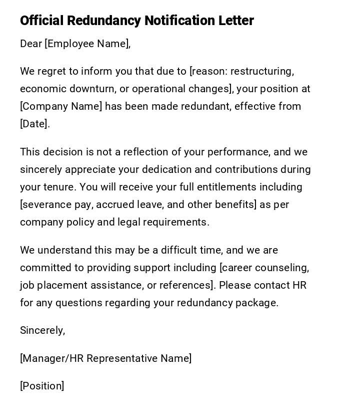 Official Redundancy Notification Letter Official Redundancy Notification Letter