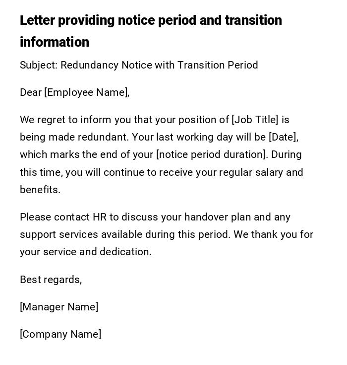 Letter providing notice period and transition information Letter providing notice period and transition information
