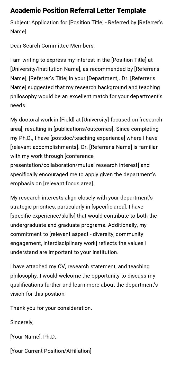 Academic Position Referral Letter Template Academic Position Referral Letter Template