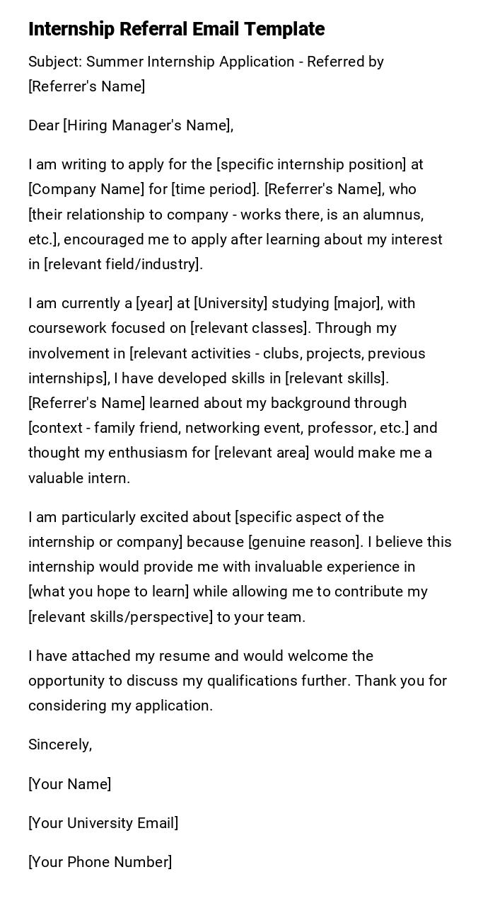 Internship Referral Email Template Internship Referral Email Template