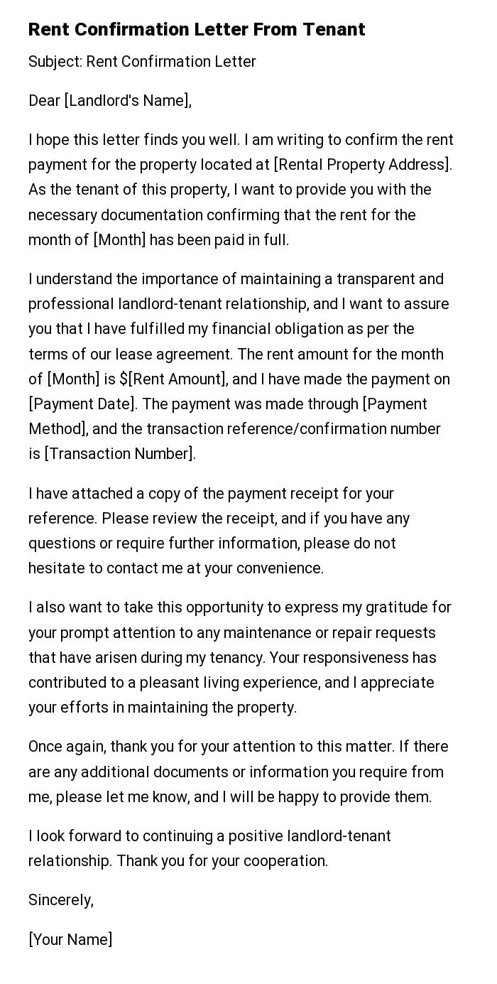 Rent Confirmation Letter From Tenant