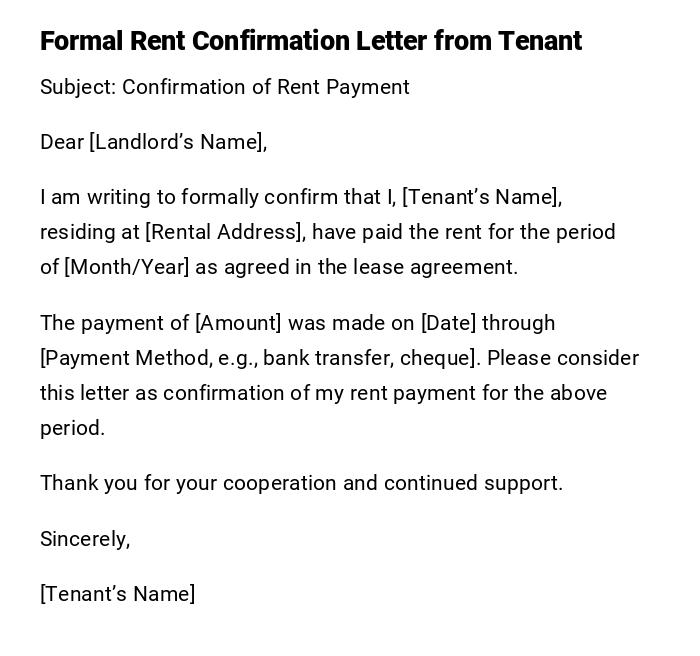 Formal Rent Confirmation Letter from Tenant