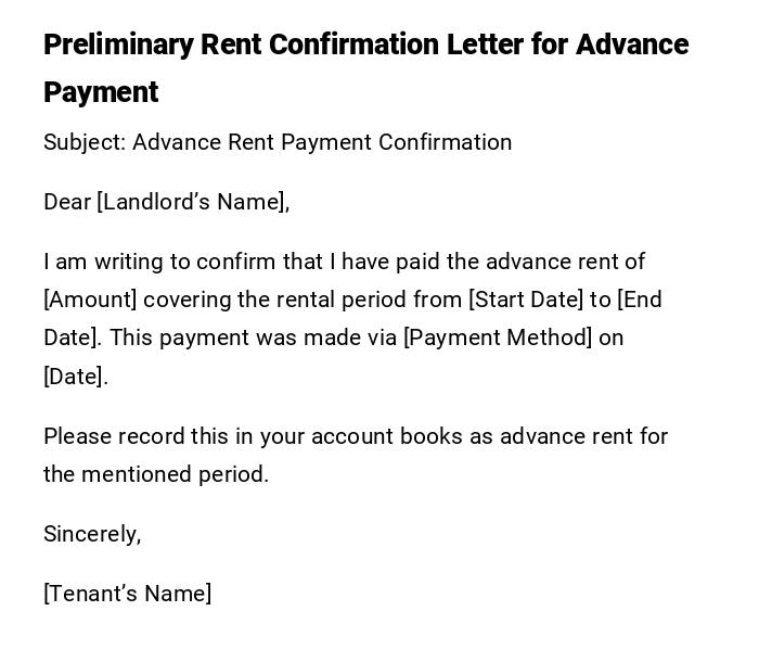 Preliminary Rent Confirmation Letter for Advance Payment