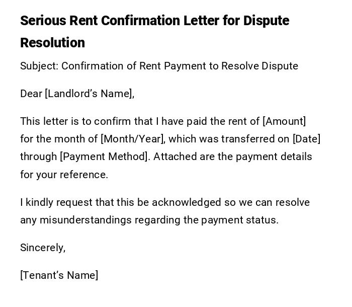 Serious Rent Confirmation Letter for Dispute Resolution