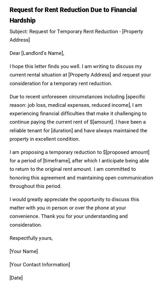 Request for Rent Reduction Due to Financial Hardship