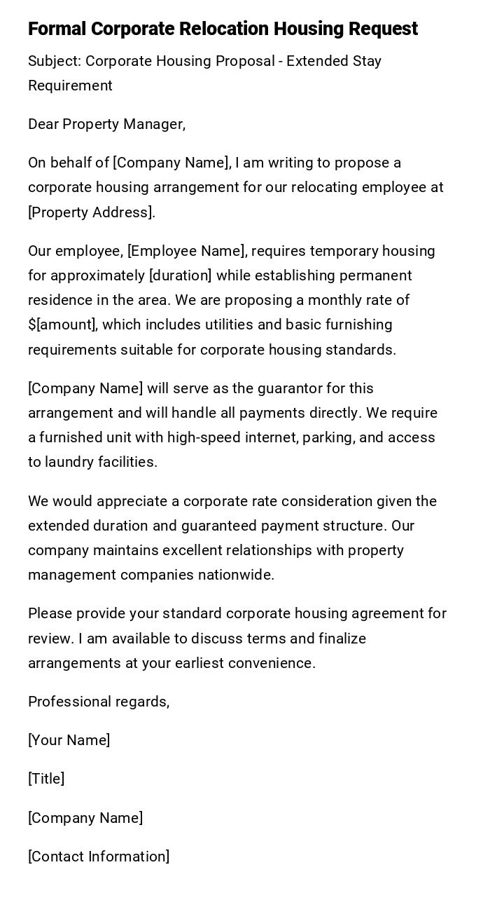 Formal Corporate Relocation Housing Request