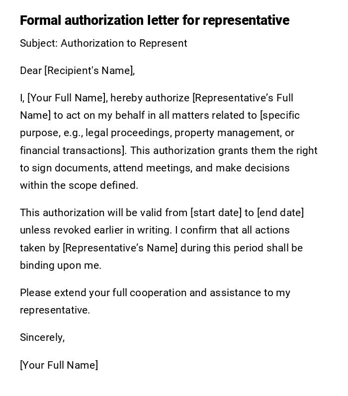 Formal authorization letter for representative