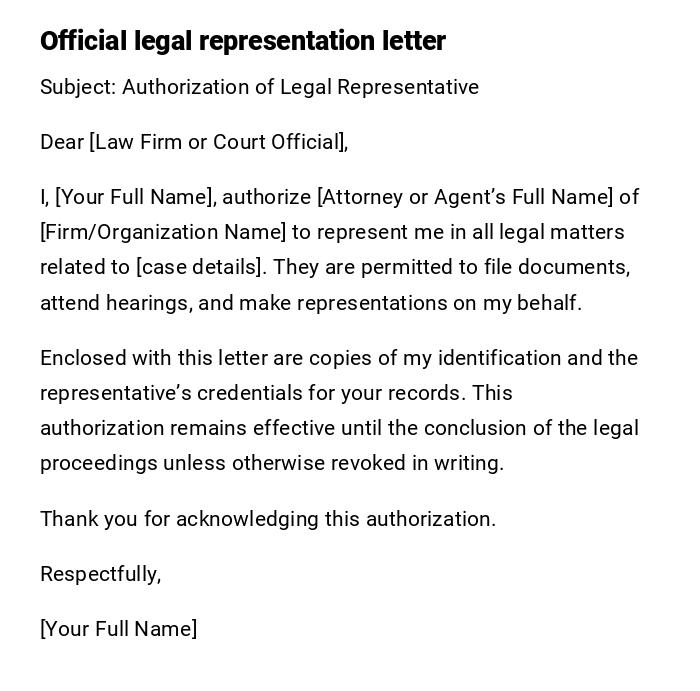 Official legal representation letter