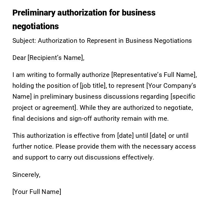 Preliminary authorization for business negotiations