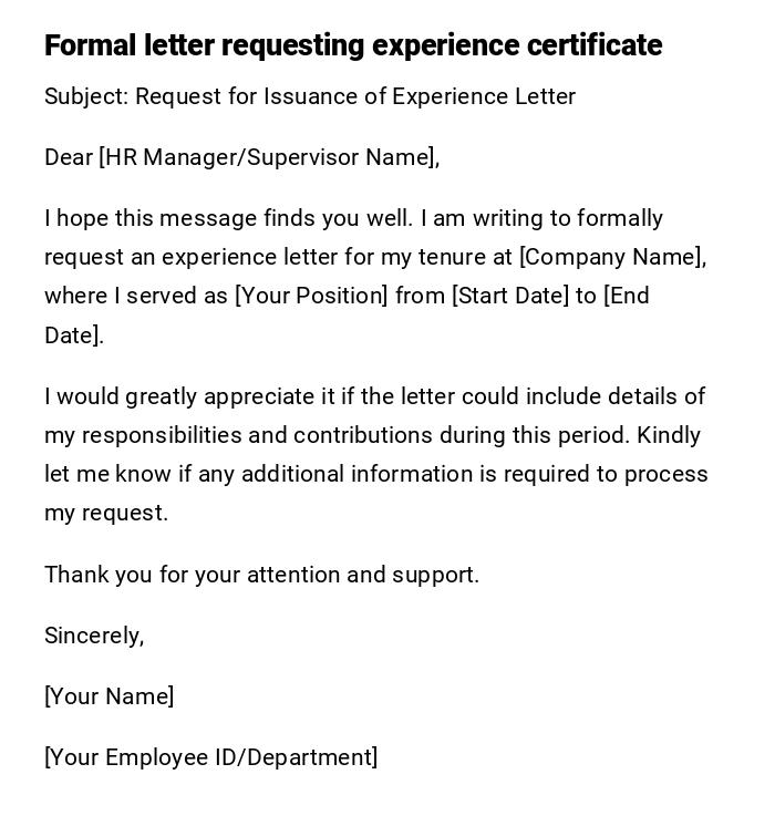 Formal letter requesting experience certificate Formal letter requesting experience certificate