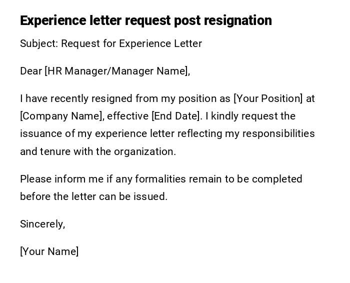 Experience letter request post resignation Experience letter request post resignation