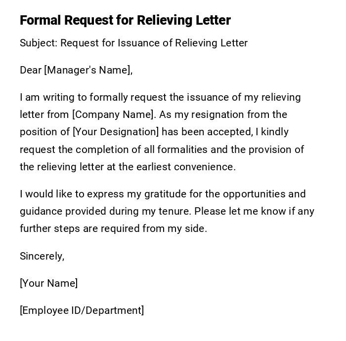 Formal Request for Relieving Letter Formal Request for Relieving Letter