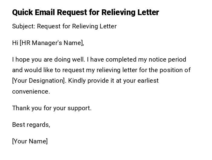 Quick Email Request for Relieving Letter Quick Email Request for Relieving Letter