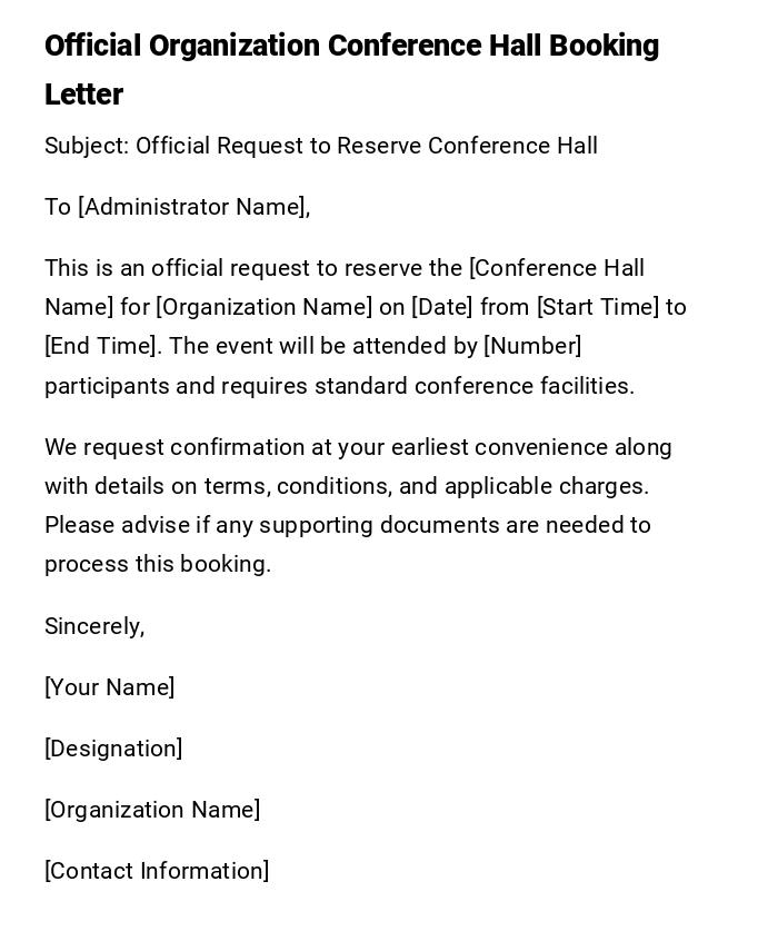 Official Organization Conference Hall Booking Letter Official Organization Conference Hall Booking Letter