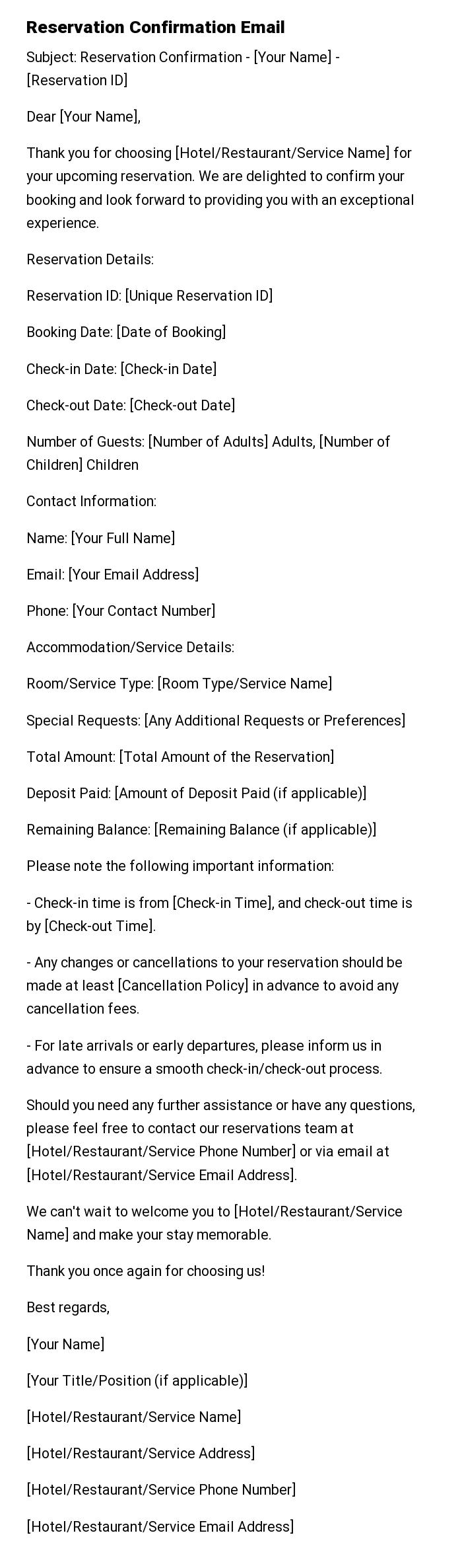 Reservation Confirmation Email