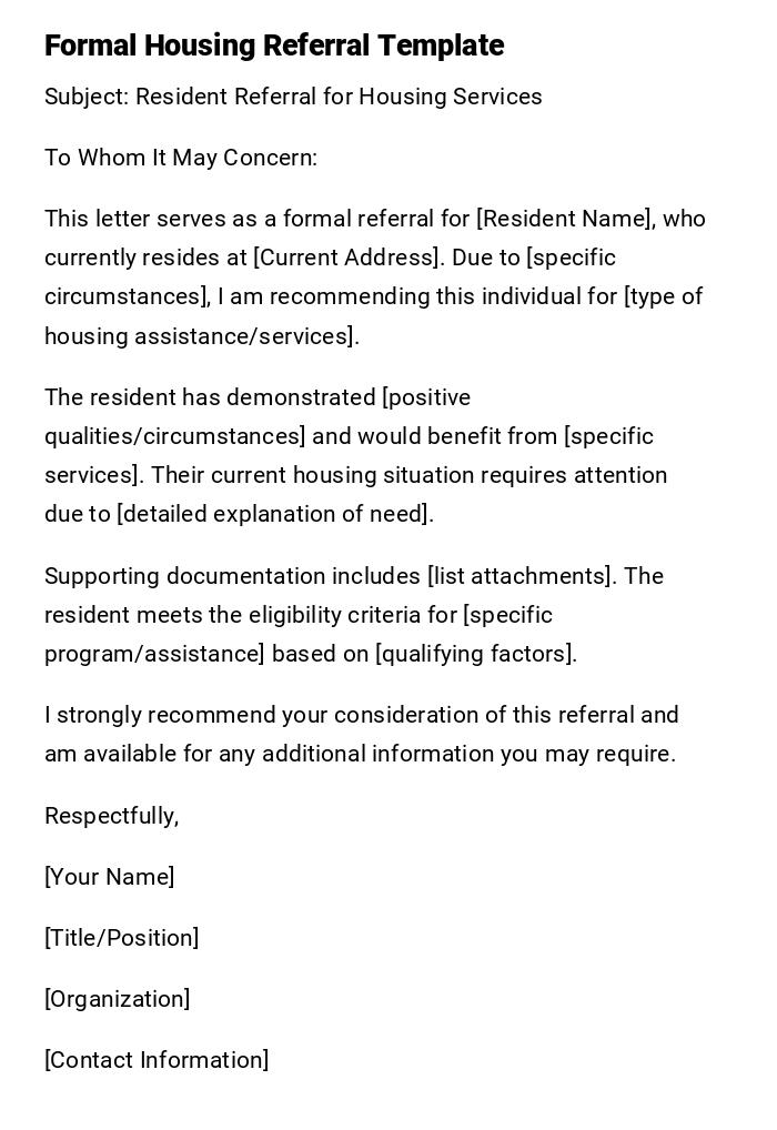 Formal Housing Referral Template