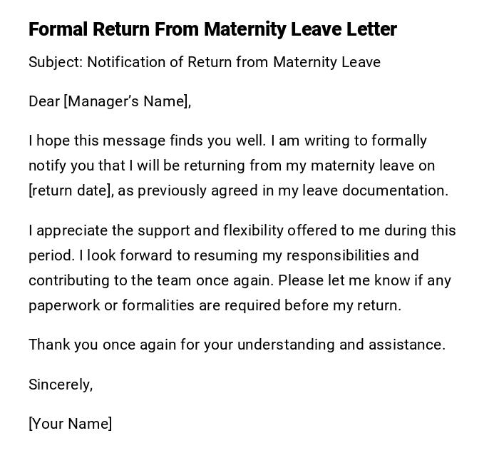 Formal Return From Maternity Leave Letter Formal Return From Maternity Leave Letter