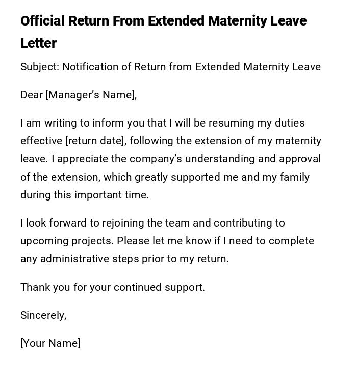 Official Return From Extended Maternity Leave Letter Official Return From Extended Maternity Leave Letter