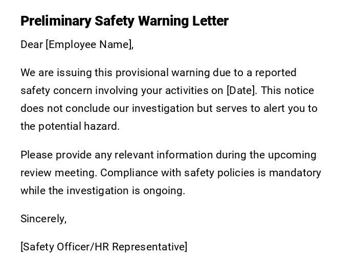 Preliminary Safety Warning Letter Preliminary Safety Warning Letter
