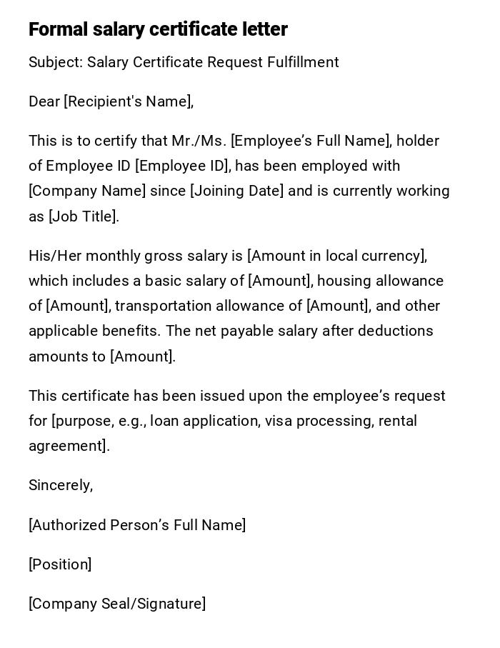 Formal salary certificate letter