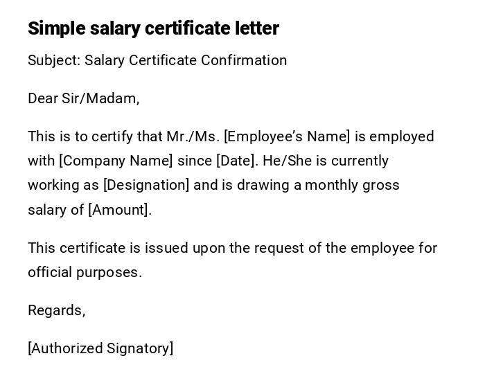 Simple salary certificate letter