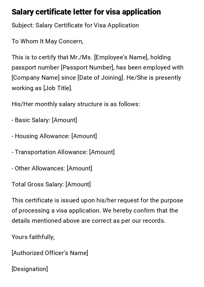 Salary certificate letter for visa application