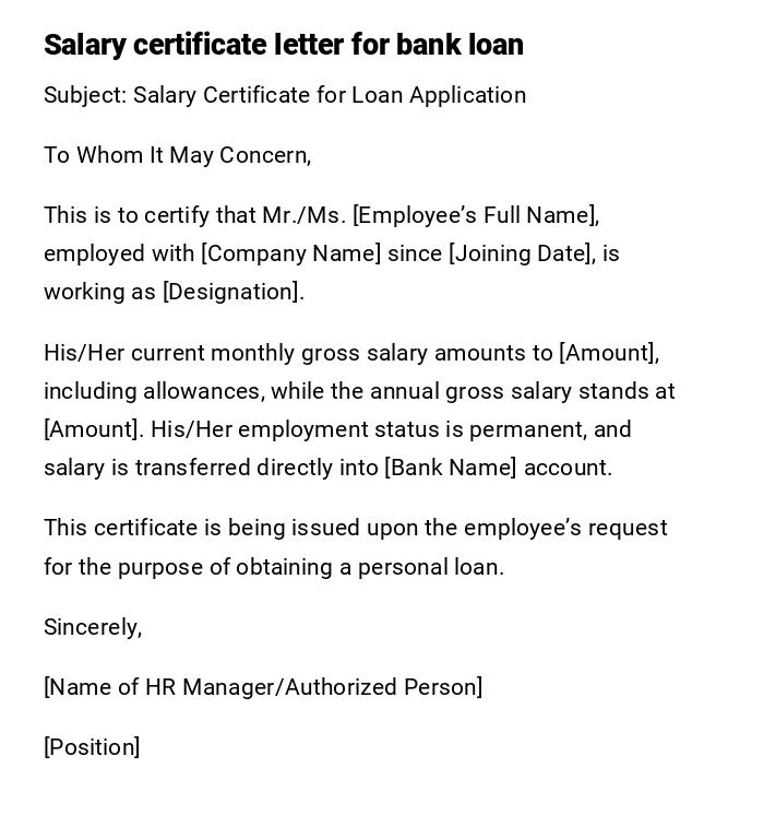 Salary certificate letter for bank loan