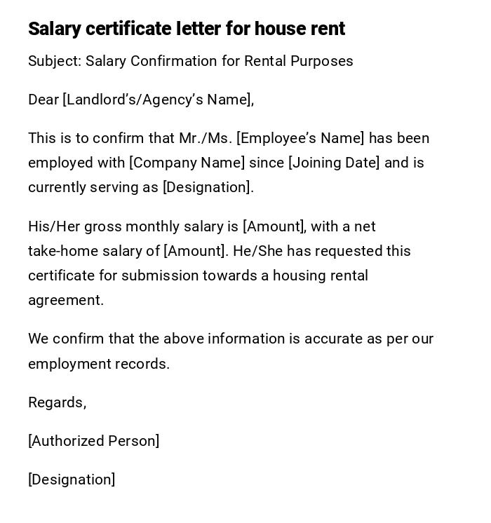 Salary certificate letter for house rent