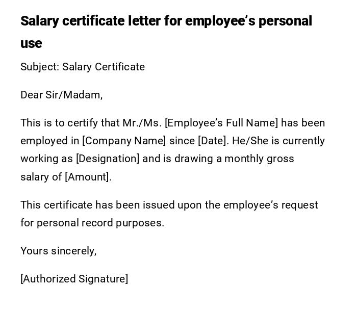 Salary certificate letter for employee’s personal use