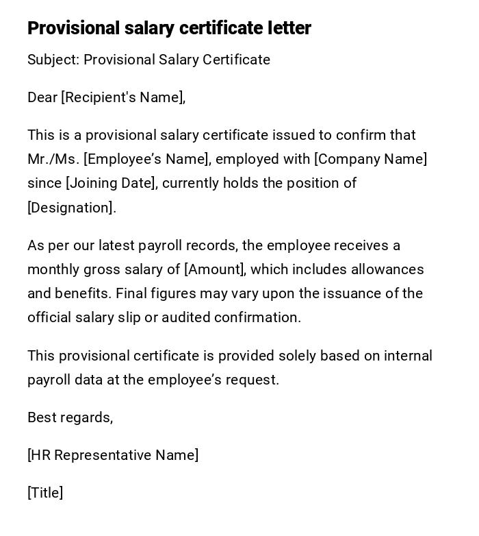 Provisional salary certificate letter