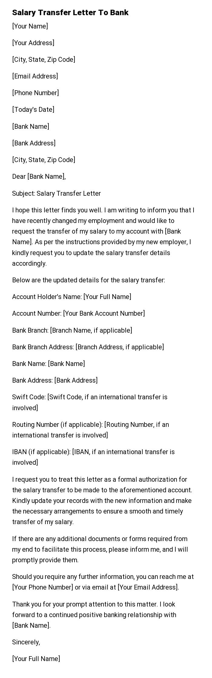 Salary Transfer Letter To Bank