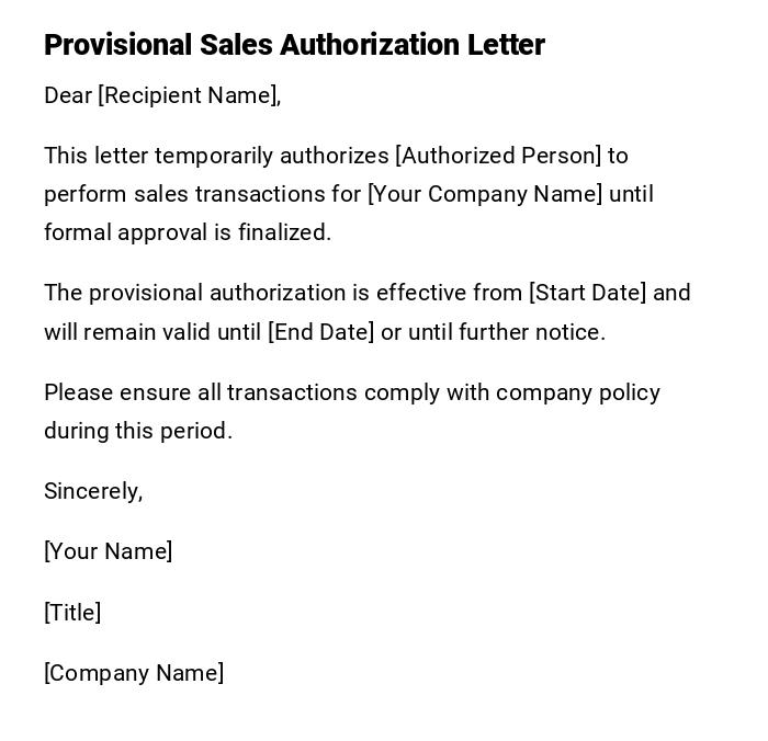 Provisional Sales Authorization Letter
