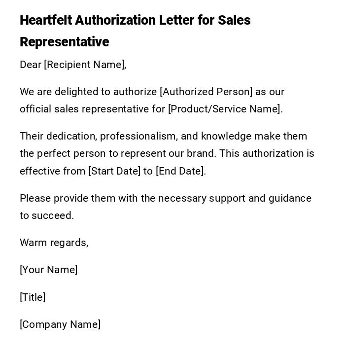 Heartfelt Authorization Letter for Sales Representative