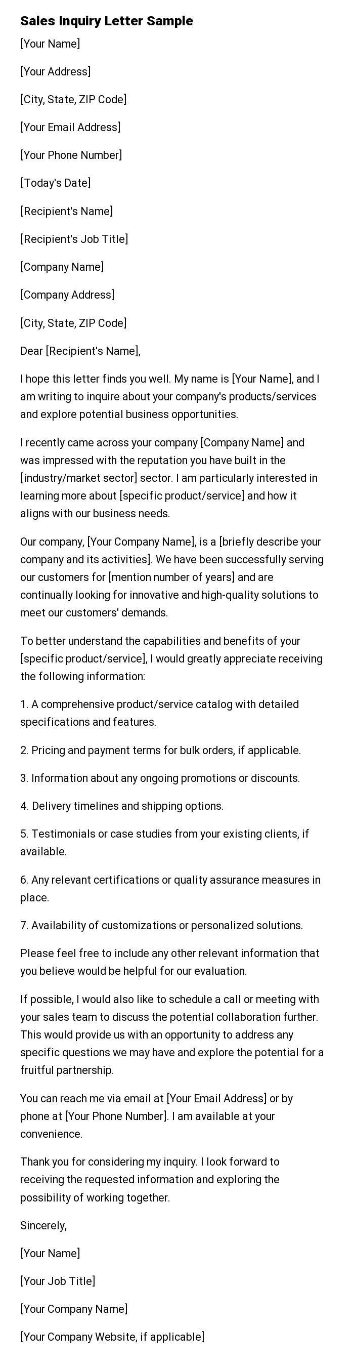 Sales Inquiry Letter Sample