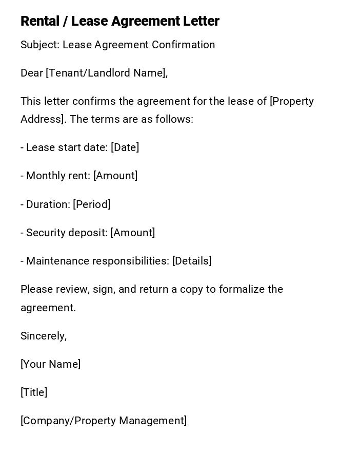 Rental / Lease Agreement Letter Rental / Lease Agreement Letter