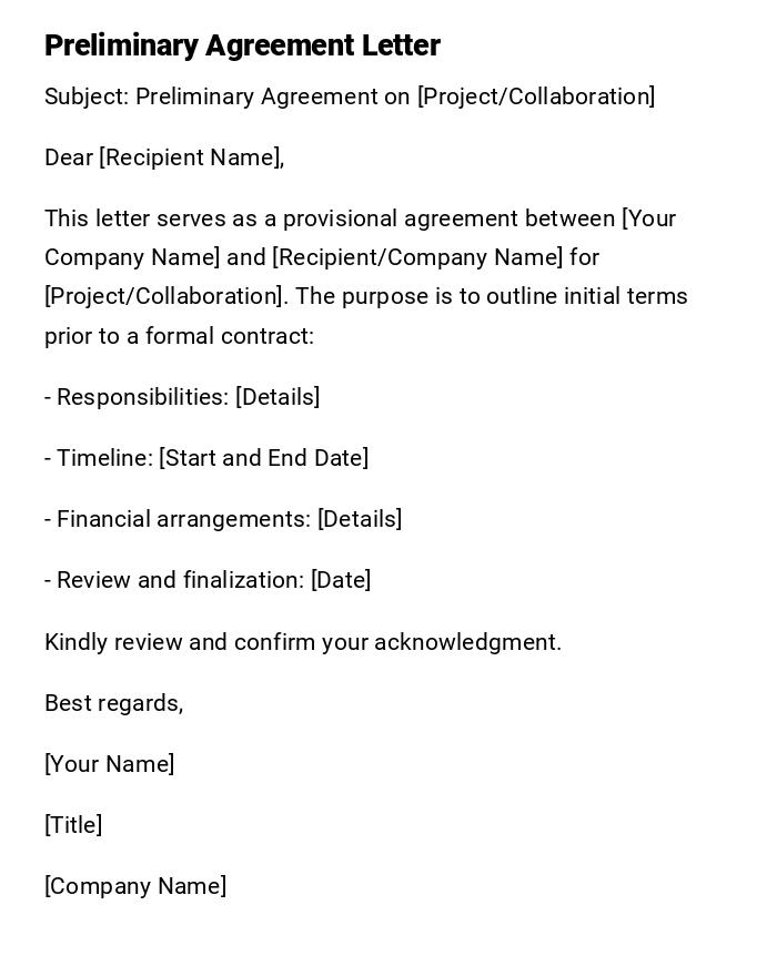 Preliminary Agreement Letter Preliminary Agreement Letter