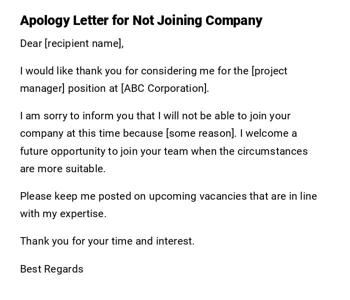 Apology Letter for Not Joining Company Apology Letter for Not Joining Company