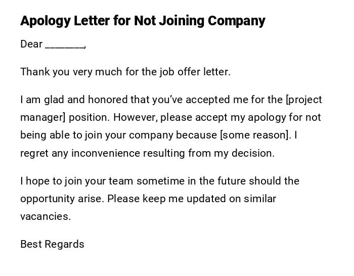 Apology Letter for Not Joining Company Apology Letter for Not Joining Company